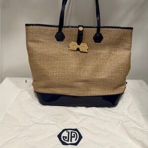 Jonathan Adler Patent Navy and Tan Straw Tote Bag